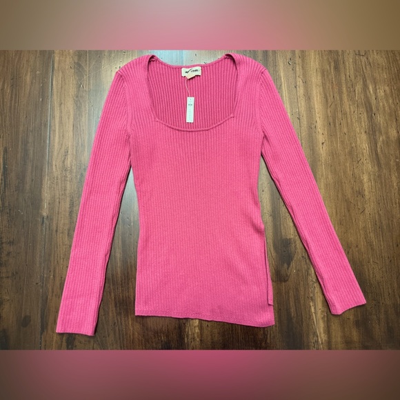 Open Edit Ribbed Sweater Size Small Pink Square Neck Spring Easter Asymmetrical - Picture 2 of 9